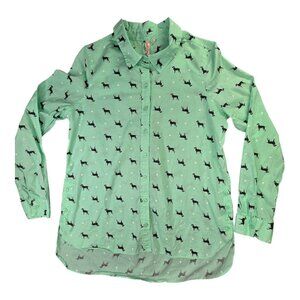 Red Camel Shirt Womens Medium Green Black Lab Dog Print Button Up Long Sleeve